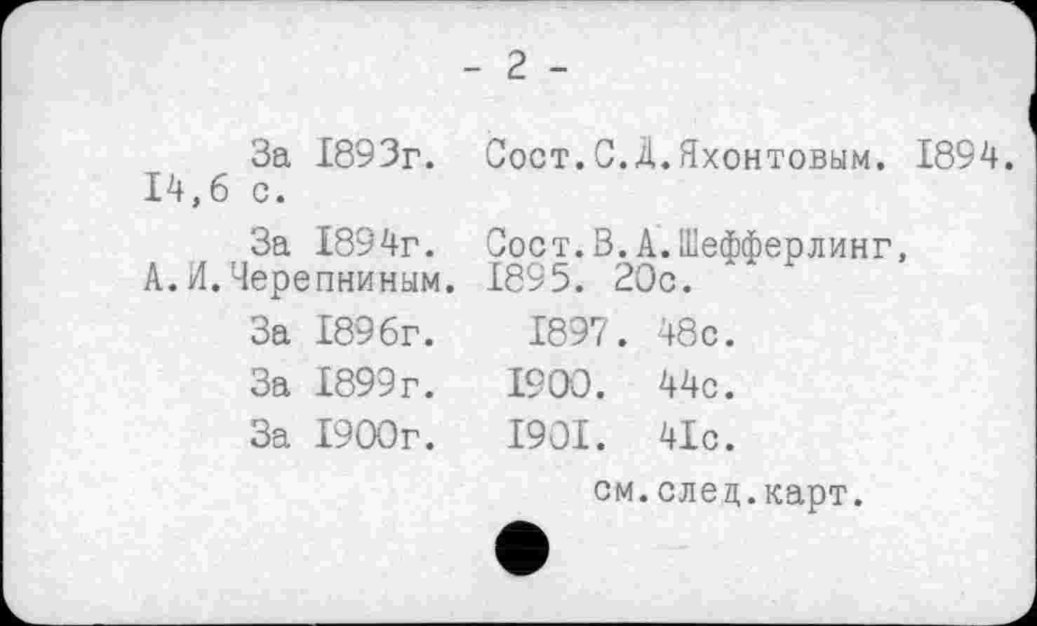 ﻿- 2 -
За 1893г.	Сост.С.Д.Яхонтовым. 1894.
14,6 с.	
За 1894г.	Сост.В.А.Шефферлинг,
А.И.Черепниным.	1895. 20с.
За 1896г.	1897. 48с.
За 1899г.	1900. 44с.
За 1900г.	1901. 41с. см. след.карт.